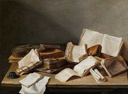 简·戴维兹·德希姆的《带书和小提琴的静物画》`Still Life with Books and a Violin (1628) by Jan Davidsz de Heem
