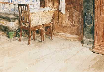 客厅角落，带Albert Anker设计的洗衣篮`Living Room Corner With Laundry Basket by Albert Anker