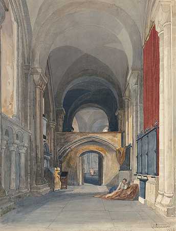 诺里奇大教堂唱诗堂北过道的屋内，向东看`Norwich Cathedral; Interior of the North Aisle of the Choir, Looking East (1829) by John Sell Cotman