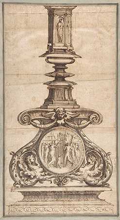 设计了一个底座上有翅膀图案的烛台，周围环绕着风景优美的奖章`Design of a Candlestick with Winged Figures at Base Surrounding Scenic Medallion (1501–47) by Perino Del Vaga