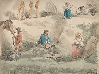 研究女孩，一个玩篮球，一个采摘浆果，男人和马，等等。`Studies of Girls, one Playing with Hoop, one Picking Berries, Man and Horse, etc. (1791~1795) by George Morland