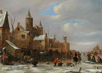 一个快乐的同伴在结冰的河流上`A merry company on a frozen river by Nicolaes Molenaer