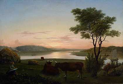 自画像的新英格兰海湾`New England Inlet with Self~Portrait (1848) by Fitz Henry Lane