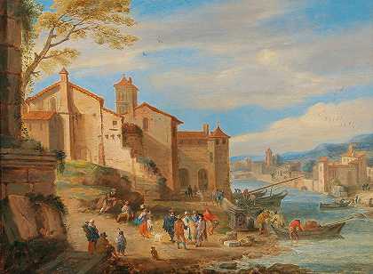 罗马的里帕格兰德港，商贩们在交谈`The port of Ripa Grande in Rome with merchants conversing by Pieter Bout