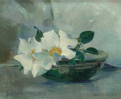 劳拉·库姆斯·希尔斯的《野生玫瑰静物》`Still Life with Wild Roses (circa 1885) by Laura Coombs Hills