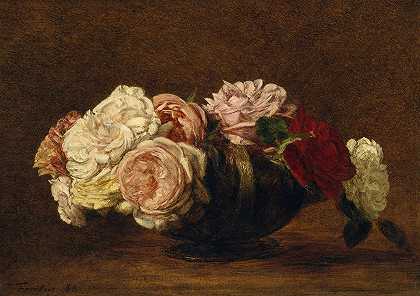 亨利·范丁·拉图尔的《碗里的玫瑰》`Roses in a Bowl (1883) by Henri Fantin-Latour