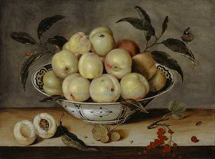 Isaak Soreau的《中国瓷碗里的桃子静物》`Still Life With Peaches In A Chinese Porcelain Bowl (1638) by Isaak Soreau