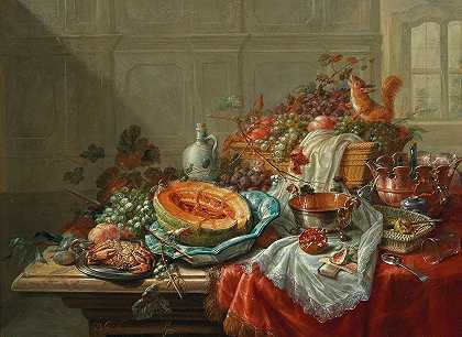 多明尼卡斯·戈特弗里德·瓦尔迪格（Dominicus Gottfried Waerdigh）在桌子上摆着瓷器、银器、水果和贝类`Porcelain, silver objects, fruit and shellfish on a table (1777) by Dominicus Gottfried Waerdigh