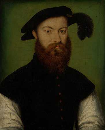一个戴着黑色羽毛帽子的男人的肖像`Portrait of a Man with a Black~Plumed Hat (ca. 1535–40) by Corneille de Lyon