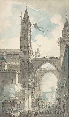 斯塔节期间巴勒莫大教堂的大门和主要入口景观。罗莎莉亚`View of the Portal and Principal Entrance of the Cathedral of Palermo during the Festival of Sta. Rosalia by Louis Jean Desprez