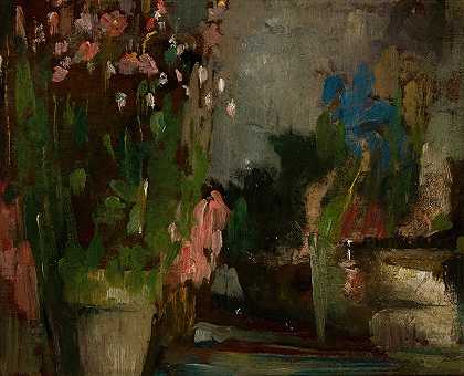 奥尔加·博兹南斯卡的《露台上的花朵》`Flowers on a Terrace (1903) by Olga Boznanska