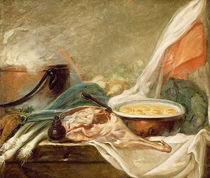 法国学校制作的带鸡蛋和羊腿的静物画`Still Life with Eggs and a Leg of Mutton (1780~90) by French School