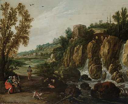 有瀑布、露丝和波阿斯的岩石景观`A rocky landscape with a waterfall and Ruth and Boaz (1625) by Esaias van de Velde