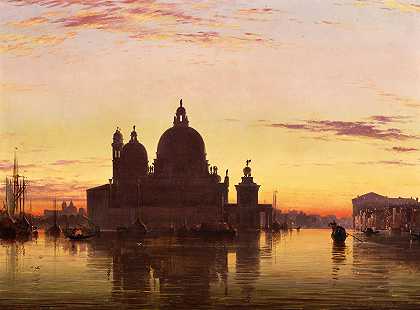 威尼斯，圣玛丽亚德拉日落敬礼`Venice, Santa Maria della Salute at Sunset (1852) by Edward William Cooke
