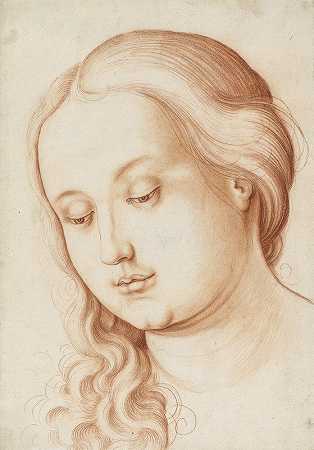 一个年轻女子低垂的头`Kopf einer jungen Frau mit gesenktem Blick (1513~15) by Hans Baldung