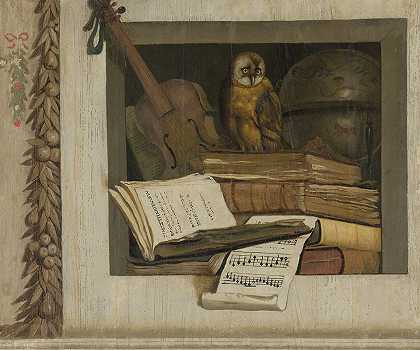雅各布·范·坎本的《静物写生》，包括书籍、乐谱、小提琴、天球和猫头鹰`Still Life with Books, Sheet Music, Violin, Celestial Globe and an Owl (1645 ~ 1650) by Jacob van Campen