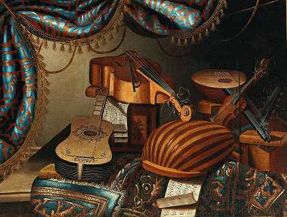 放在铺着地毯的桌子上的乐器、乐谱和书籍`Musical instruments, music scores and books on a table draped with a carpet (17th Century) by School of Bergamo