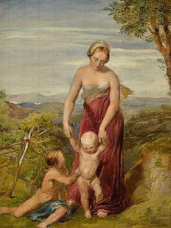 一位带着两个孩子的妇女在丘陵地带`A woman with two children in a hilly landscape (1834) by George Richmond