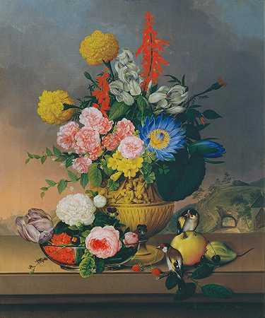 约翰·纳普的《带花束的静物画》`Stillleben mit Blumenstrauß (1828) by Johann Knapp