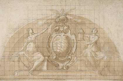 露内特装饰设计侧面的纹章`Design for a Lunette Decoration; Coat of Arms Flanked by Seated Allegorical Figures (1553–1626) by Seated Allegorical Figures by Cristoforo Roncalli