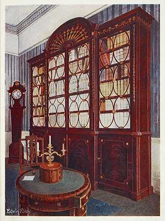 镶嵌桃花心木前书柜，Edwin Foley的桃花心木底座中桌`Inlaid mahogany break~front bookcase, Mahogany pedestal centre table (1910 ~ 1911) by Edwin Foley