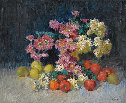 康斯坦丁·伊万诺维奇·戈尔巴托夫的《花果静物》`Still Life With Flowers And Fruit by Konstantin Ivanovich Gorbatov