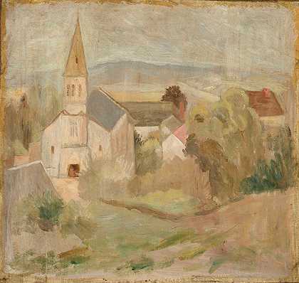 带教堂的景观（La Comelle）`Pejzaż z kościółkiem (La Comelle) (1923) by Tadeusz Makowski