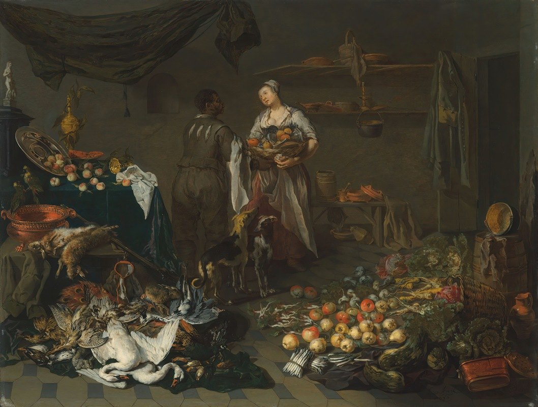 厨房屋内，一名女佣和一名仆人交谈，由年长的扬·范·凯塞尔（Jan Van Kessel）担任`A kitchen interior with a maid and a servant conversing (1650) by Jan Van Kessel The Elder