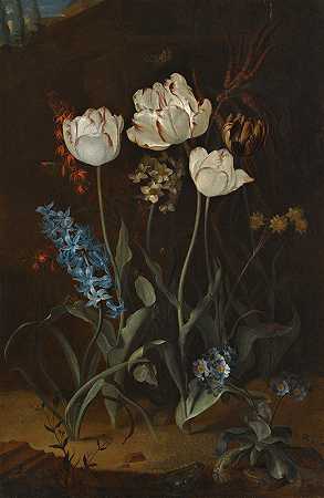 《郁金香和风信子的静物画》作者：科恩雷特·罗佩尔`Still Life With Tulips And Hyacinth by Coenraet Roepel