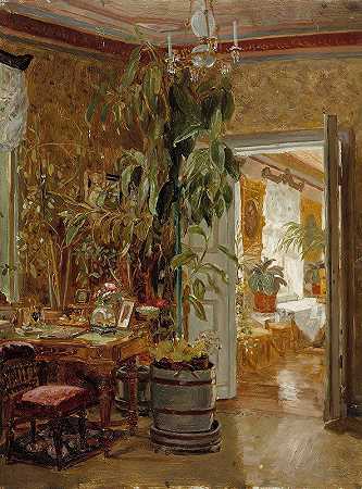 哈伦布拉德的室内设计阿道夫·冯·贝克尔的《家，海姆普勒庄园》`Interior From The Hallonblads Home, Hympölä Manor (1888) by Adolf Von Becker