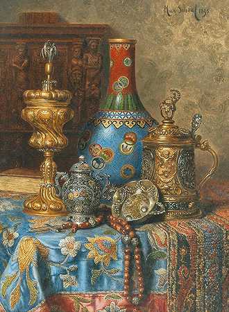 《古董静物》和马克斯·舍德尔的中国景泰蓝花瓶`Still Life with Antiques and a Chinese Cloisonné Vase by Max Schödl