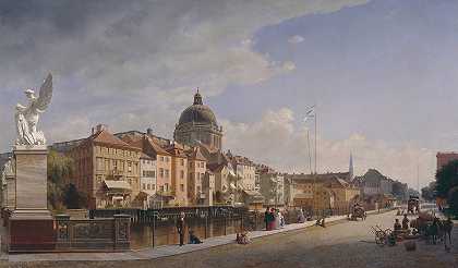 Schloßfreiheit住宅的后景观`Rear view of the Houses at Schloßfreiheit (1855) by Eduard Gaertner