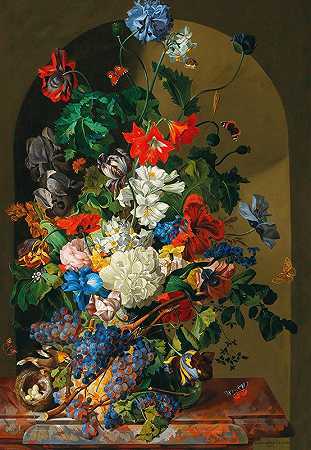 利奥波德·津诺格尔（Leopold Zinnögger）的一大束带有鸟巢、蝴蝶和葡萄的鲜花`A large bouquet of flowers with a bird’s nest, butterflies and grapes (1840) by Leopold Zinnögger