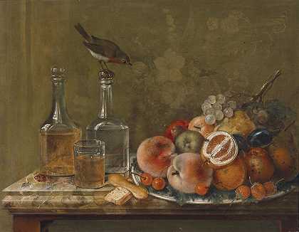 Johann Matthias Wurzer的《水果与玻璃瓶静物》`Stillleben mit Früchten und Glaskaraffen by Johann Matthias Wurzer