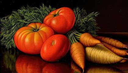 Levi Wells Prentice的《番茄胡萝卜静物》`Still Life with Tomatoes and Carrots by Levi Wells Prentice