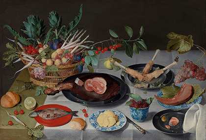 肉、鱼、蔬菜和水果的静物画`Still Life with Meat, Fish, Vegetables, and Fruit (c. 1615–20) by Jacob van Hulsdonck
