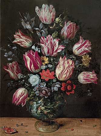 安德里斯·丹尼尔斯的郁金香花瓶`Vase with Tulips (1620~1625) by Andries Daniels
