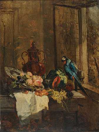 静物与鹦鹉D菲利普·卢梭打开的窗户`Nature morte et perroquet près dune fenêtre ouverte (before 1882) by Philippe Rousseau