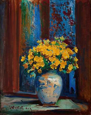 里昂·维茨科夫斯基的《沼泽金盏花》`Marsh Marigolds (1909) by Leon Wyczółkowski