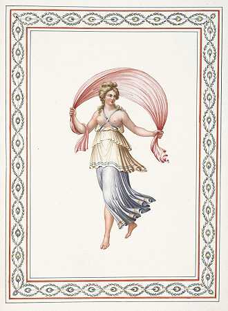 拿着粉色窗帘的半裸女人。`Partially nude woman holding pink drape. (1783) by Pierre-Jean Mariette