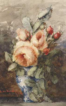 阿德里安·杰奎琳·s《花瓶里的玫瑰》雅各布`Boeket rozen in een vaas (1867 ~ 1920) by Adrienne Jacqueline s;Jacob