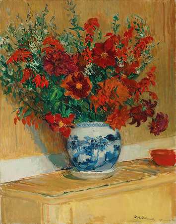 雅克·埃米尔·布兰奇的蓝色花瓶花束`Bouquet de fleurs au vase bleu (1916) by Jacques-Émile Blanche
