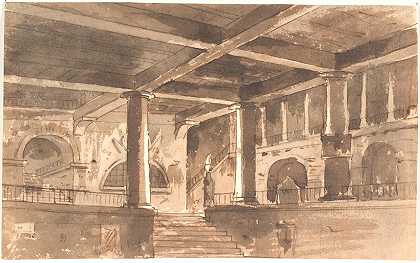 带楼梯、柱子和拱顶的走廊`Forhal Med Trappe, Søjler Og Hvælvinger (1802 ~ 1809) by Aron Wallick