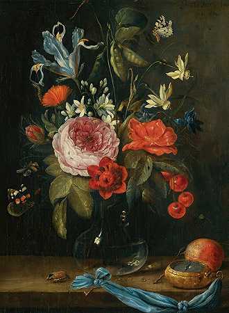 《玻璃花瓶里的静物与花朵》，年长的简·范·凯塞尔著`Still Life With Flowers In A Glass Vase by Jan Van Kessel The Elder