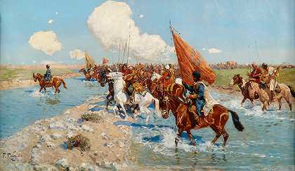 穿越河流的西卡西亚骑兵`Circassian horsemen crossing a river by Franz Roubaud