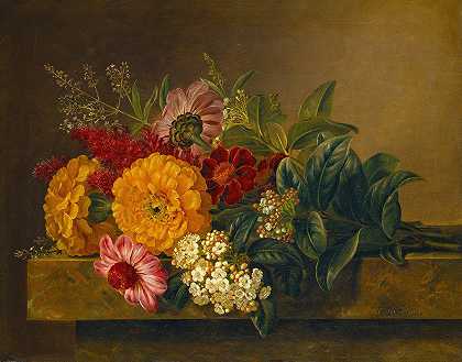 约翰·劳伦兹·詹森（Johan Laurentz Jensen）的大理石桌面上花瓶里的花朵`Flowers In A Vase On A Marble Tabletop (1833) by Johan Laurentz Jensen