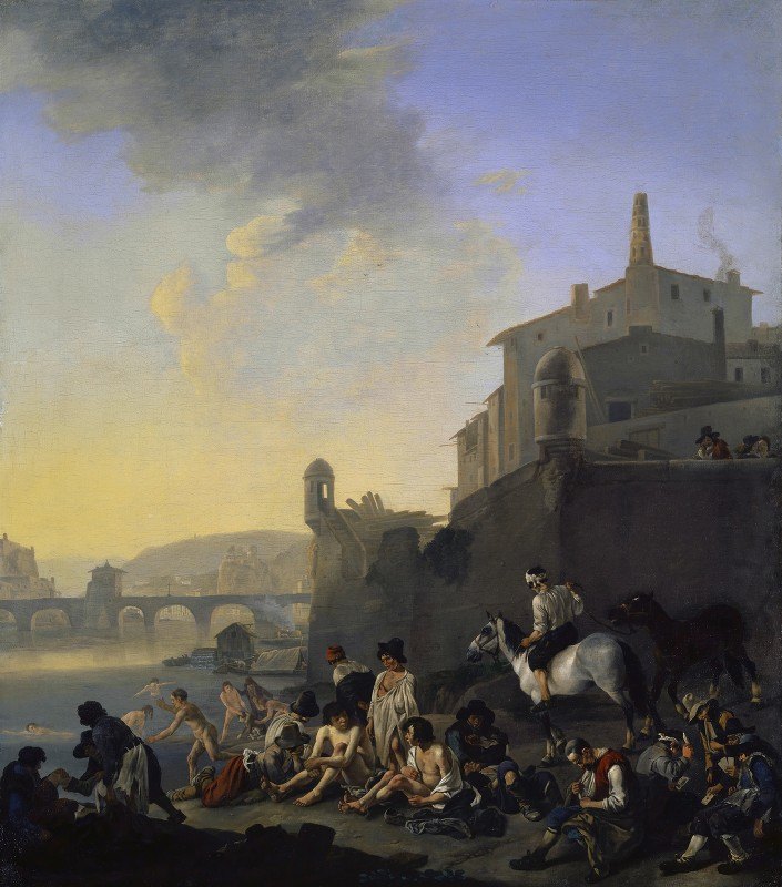 意大利小镇附近的一条河上有正在洗澡的吉普赛人`River with Bathing Gypsies near an Italian Town (1650) by Johannes Lingelbach
