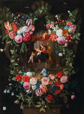 一个花环围绕着一个带有神圣家庭和putti的卡通画，由年长的扬·范·凯塞尔（Jan Van Kessel）设计`A wreath of flowers surrounding a cartouche with the Holy Family and putti by Jan Van Kessel The Elder