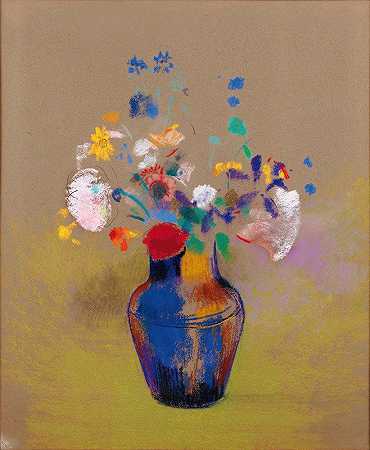灰色背景上的花`Fleurs Sur Fond Gris (1916) by Odilon Redon