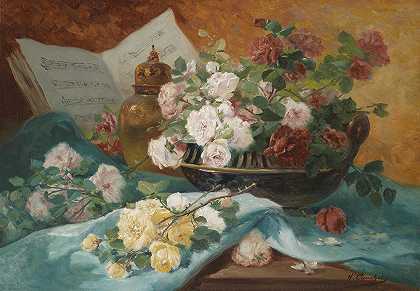 Eugène Henri Cauchois的《碗中玫瑰的静物画》`Stillleben mit Rosen in einer Schale by Eugène Henri Cauchois